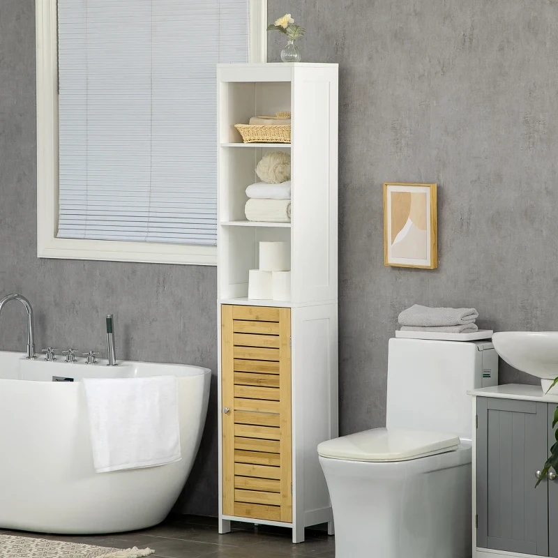 Badezimmerschrank, Badregal, 3 offene Fächer, Schrankfach mit Bambustüren, weiss