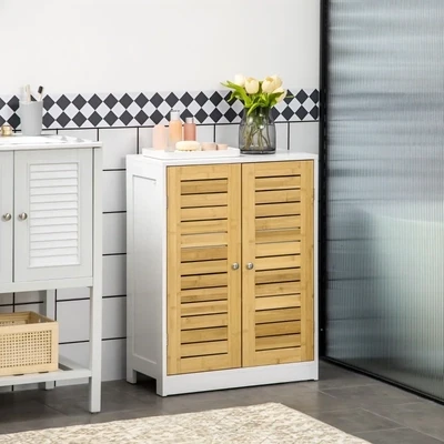 Badezimmerschrank Badkommode, Doppeltür aus Bambus, weiss + holzfarben