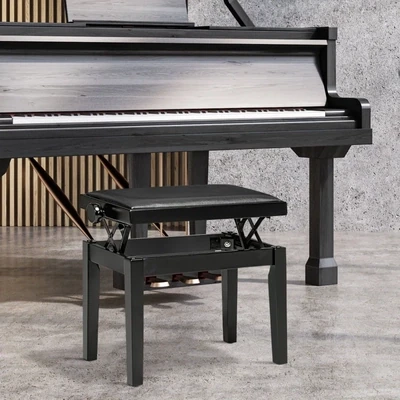 Klavierbank, Pianostuhl, höhenverstellbar, eleganter Hochglanz, Kunstleder+Kautschukholz, schwarz,