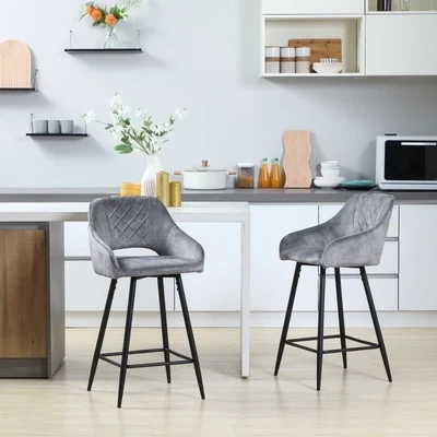 2er-Set Barhocker im Retrodesign, Samtoptik, inkl. Fussstütze Grau