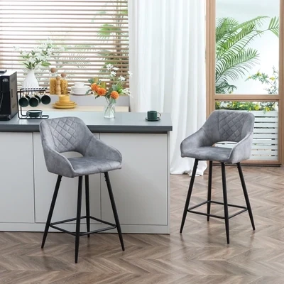 2er-Set Barhocker im Retrodesign, Samtoptik, inkl. Fussstütze Grau