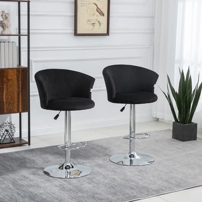 Barhocker 2er-Set in Samtoptik, höhenverstellbar, Schwarz + Silber