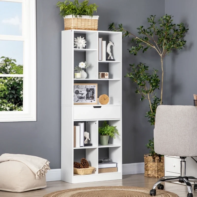 Bücherregal mit 9 Regalen und 1 Schublade, Weiss