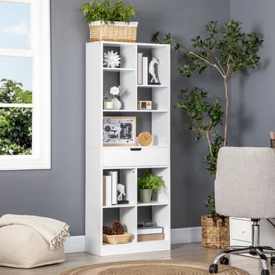 Bücherregal mit 9 Regalen und 1 Schublade, Weiss