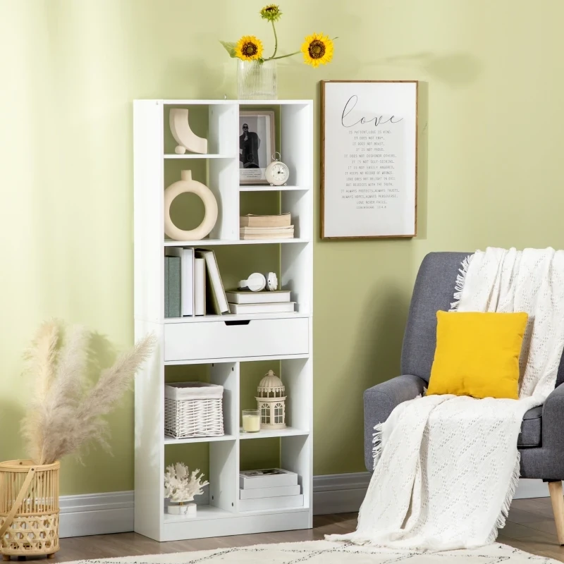 Bücherregal mit 9 Regalen und 1 Schublade, Weiss