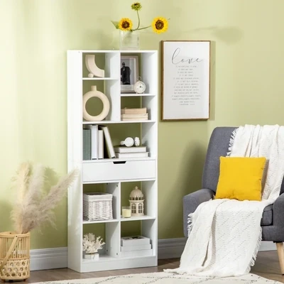 Bücherregal mit 9 Regalen und 1 Schublade, Weiss