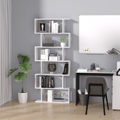 S-Form Bücherregal Wandregal Gestell mit 6 Fächern weiss