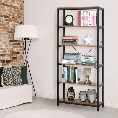 Bücherregal mit 5 Fächer Standregal Gestell Industriestil Braun
