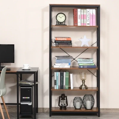 Bücherregal mit 5 Fächer Standregal Gestell Industriestil Braun