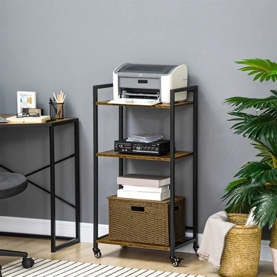 Druckerständer, Regal, Servierwagen im Industriedesign mit 3 höhenverstellbaren Regalen Stahl Braun + Schwarz