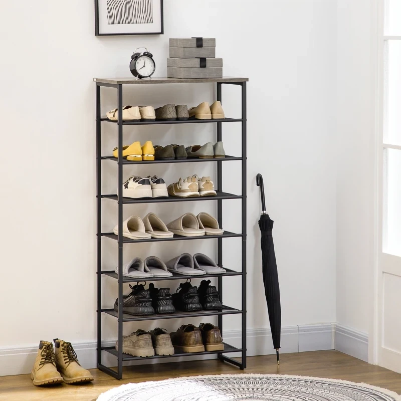 Schuhregal in Industriedesign, mit 7 Regalen, für bis zu 24 Paar Schuhe, Standregal, Grau + Schwarz Schuhregal in Industriedesign, mit 7 Regalen, für bis zu 24 Paar Schuhe, Standregal, Grau + Schwarz