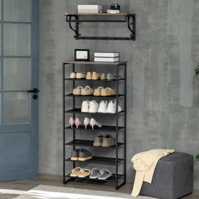 Schuhregal in Industriedesign, mit 7 Regalen, für bis zu 24 Paar Schuhe, Standregal, Grau + Schwarz
