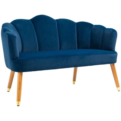 2-Sitzer Sofa im Retro-Design, Holzbeine, Velvet-Touch Dunkelblau