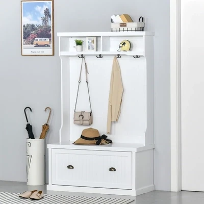 Garderobe im Vintage-Design mit Sitzbank 2 Regale weiss