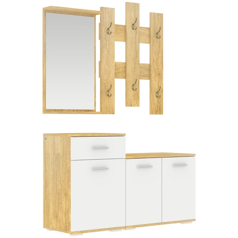 3-tlg. Garderobe, mit Spiegel, 6 Doppelhaken, zwei Schuhschränken, Sitzfläche, Holzoptik + weiss