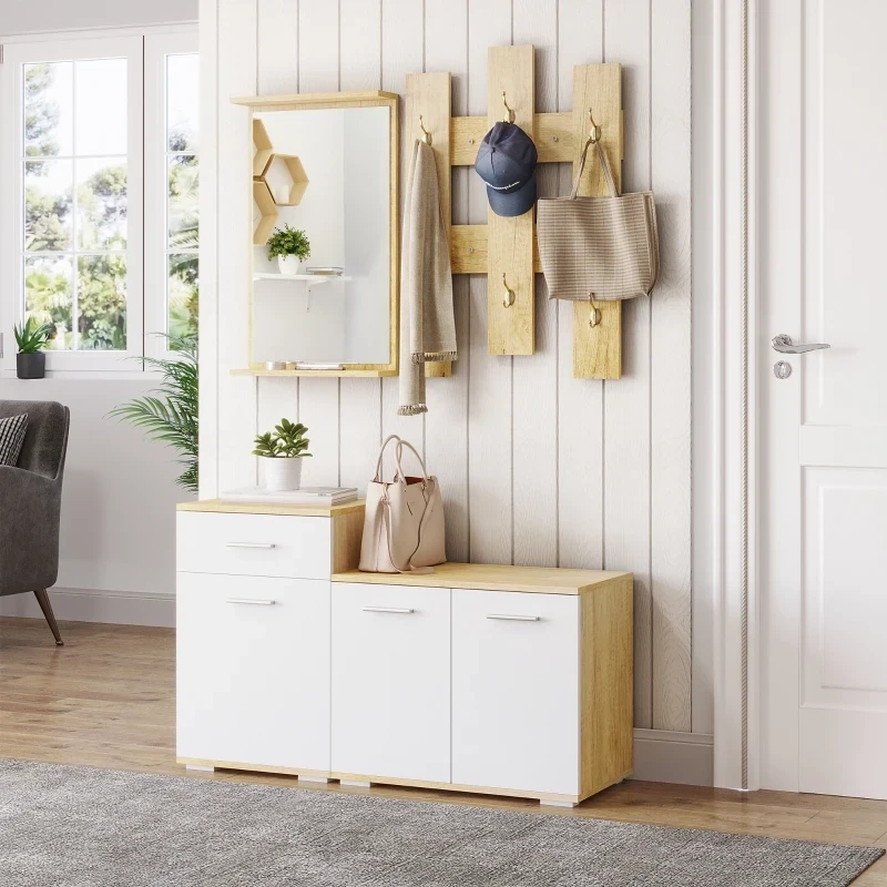 3-tlg. Garderobe, mit Spiegel, 6 Doppelhaken, zwei Schuhschränken, Sitzfläche, Holzoptik + weiss