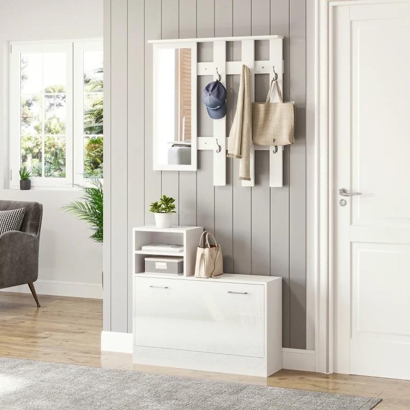 Garderoben-Set mit Spiegel, Schuhschrank, Sitzbank, 6 Doppelhaken, Hochglanzoberfläche, weiss