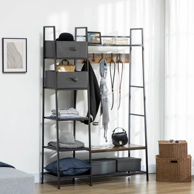 Garderobenständer im Industrie-Design, 8 Regalböden, 5 Kleiderhaken, 1 Schuhbank, 2 Schubladen, Grau + Braun