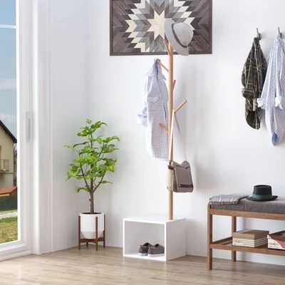 Garderobenständer Kleiderhaken Garderobe mit Sitzbank + Stauraum Baum-Design Zweige 6 Haken