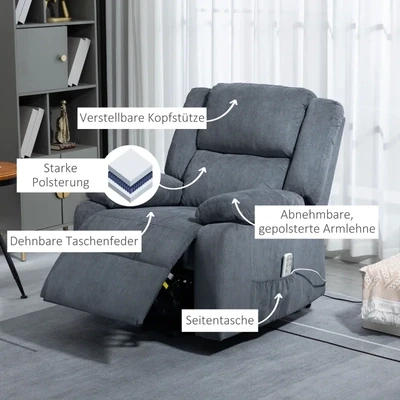 Aufstehsessel, Relaxsessel, mit Liegefunktion, Fernbedienung, Samtoptik, grau