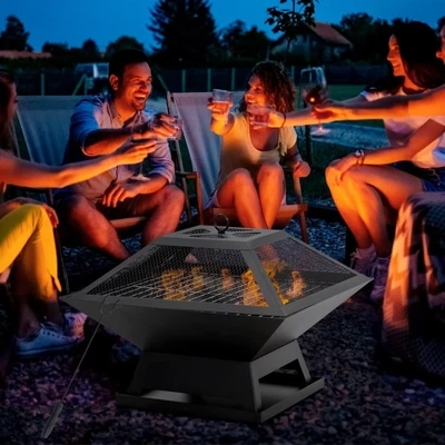 Feuerschale mit Grill, inkl. Schürhaken, Stahl, Schwarz,