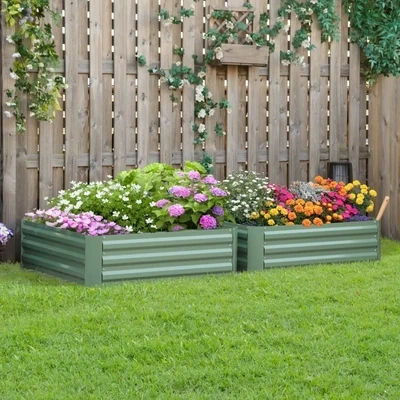 Pflanzkasten, 2er-Set, Blumenkasten, offener Boden, Stahlrahmen, grün