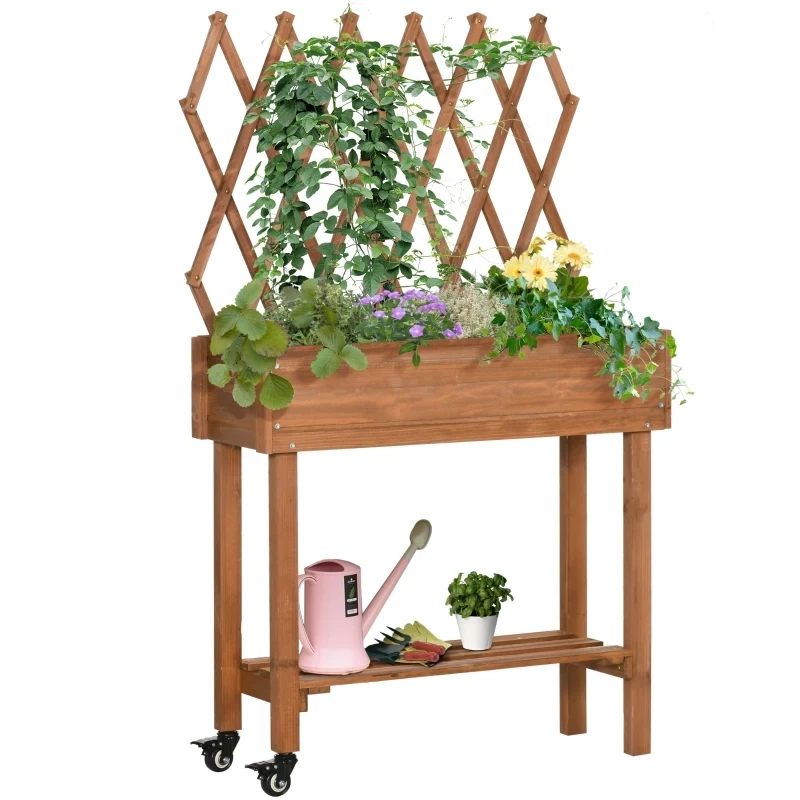 Hochbeet, integriertes Spalier, Ablageregal, Räder, Massivholz, braun