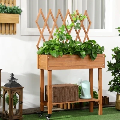 Hochbeet, integriertes Spalier, Ablageregal, Räder, Massivholz, braun