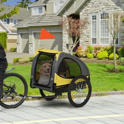Hundeanhänger Velo-Anhänger bis 20 kg, gelb, Netzfenster, aufrollbare Abdeckung, Universalkupplung, Stahlrahmen, 140 x 71 x 83 cm