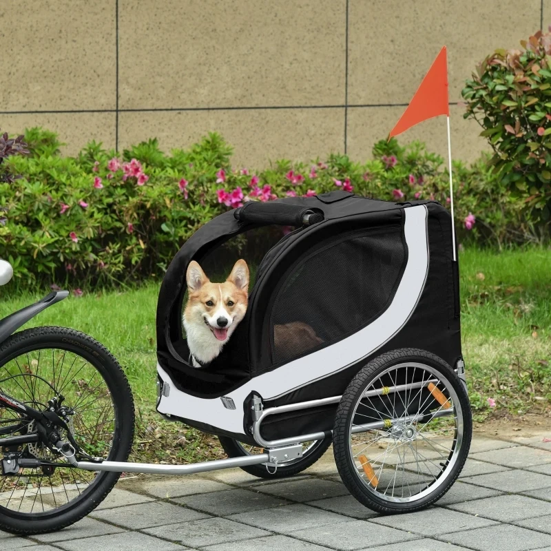 Fahrradanhänger für Hunde | Velo-Anhänger bis 20 kg, weiss+schwarz, Netzfenster, aufrollbare Abdeckung, Universalkupplung, 130 x 73 x 90 cm