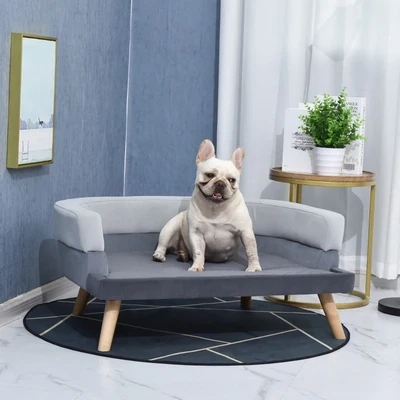 Hundesofa, Katzensofa mit Rückenlehne Haustiersofa mit Holzbeinen Hundebett Grau