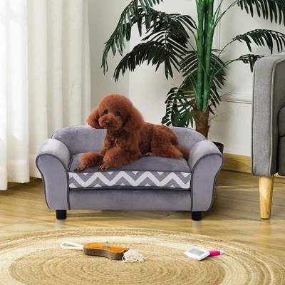 Hundesofa, Haustiersofa mit erhöhten Füßen, Hundecouch, Hundeliege mit Kissen, Hundebett, Katzensofa, Waschbar, Samt, Grau, 73,5 x 41 x 33 cm