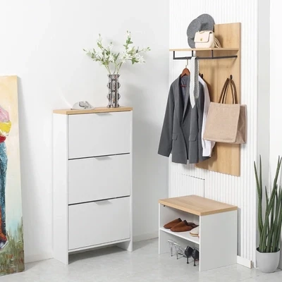Schuhschrank mit 3 Kippfächern, verstellbare Einlegeböden, Natur + Weiss