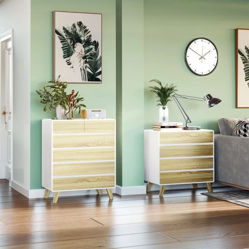 Kommode, Sideboard, 6 Schubladen, weiss+holz
