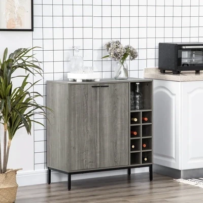 Sideboard mit Weinregal, inklusive Glashalter für 12 Gläser, verstellbare Regalböden, Grau