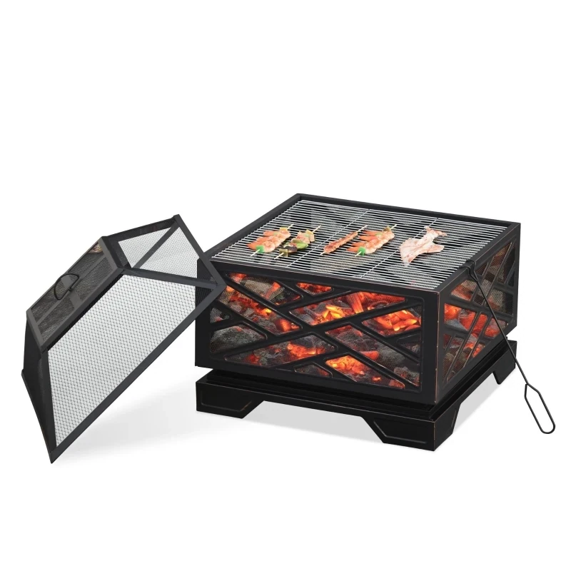 Feuerschale mit Funkenschutz, Grillrost, Schürhaken, quadratisch, Stahlgehäuse, schwarz, 66 x 66 cm,