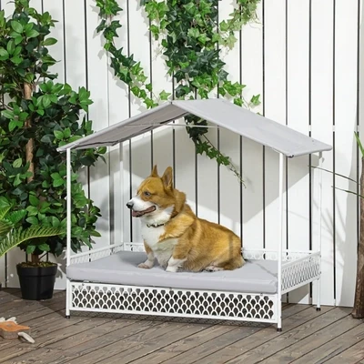 Hundebett / Hundehütte mit Baldachin, Outdoor-Indoor, abnehmbarer Bezug, Weiss + Grau