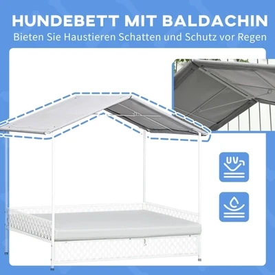 Hundebett / Hundehütte mit Baldachin, Outdoor-Indoor, abnehmbarer Bezug, Weiss + Grau