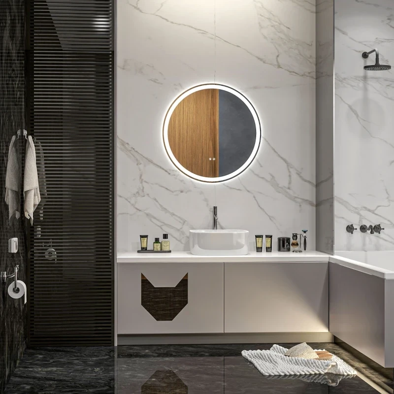 LED Badezimmerspiegel, rund, Touch-Funktion, Alurahmen, 60 x 60 cm