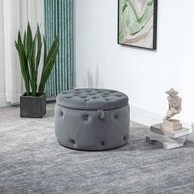 Hocker, rund, mit Staufach, Steppdesign mit Knöpfen, grau, 60 x 60 x 40cm