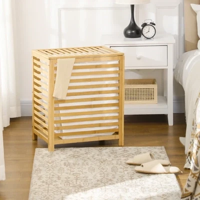 Wäschekorb aus Bambus, herausnehmbarer Wäschesack, wasserbeständig, Natur + Beige