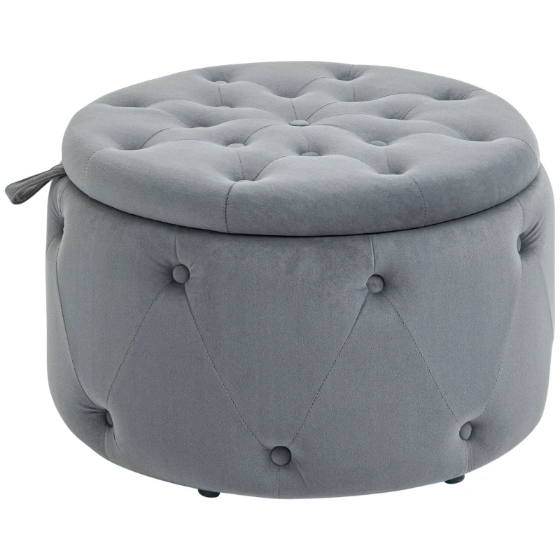 Hocker, rund, mit Staufach, Steppdesign mit Knöpfen, grau, 60 x 60 x 40cm