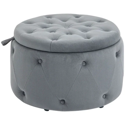 Hocker, rund, mit Staufach, Steppdesign mit Knöpfen, grau, 60 x 60 x 40cm