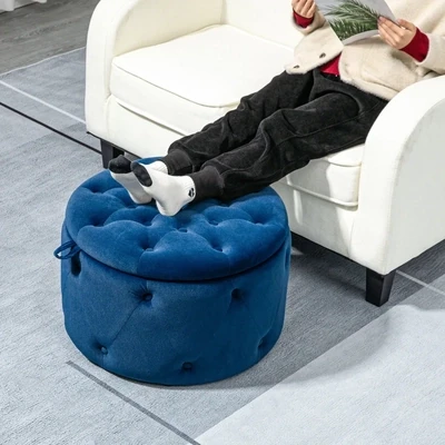 Hocker, rund, mit Staufach, Steppdesign mit Knöpfen, blau, 60 x 60 x 40cm