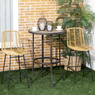 2er Set Barhocker im Boho-Design, PE-Rattan, inkl. Fusststütze, Gelb + Schwarz