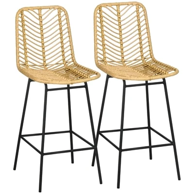 2er Set Barhocker im Boho-Design, PE-Rattan, inkl. Fusststütze, Gelb + Schwarz