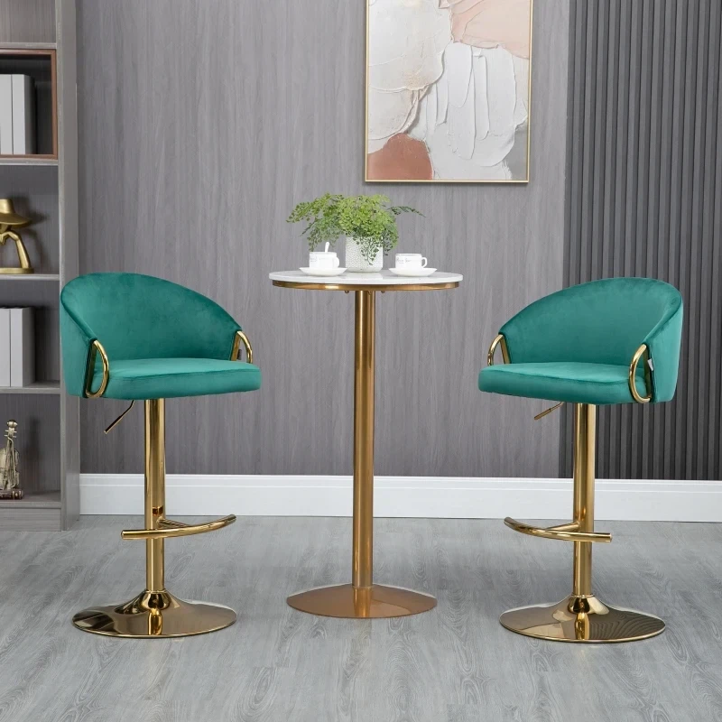 2er-Ser Barhocker im Vintage-Design, Samtoptik, Barstuhl, Grün + Gold