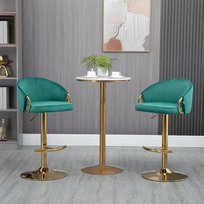 2er-Ser Barhocker im Vintage-Design, Samtoptik, Barstuhl, Grün + Gold