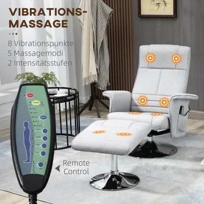 Massagesessel mit Hocker – Hellgrau | 8 Punkte, 135° Neigung, 360° drehbar