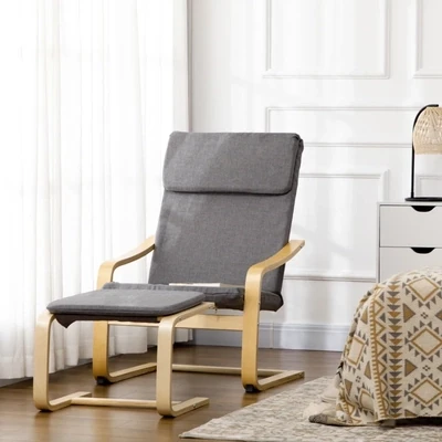 Sessel mit Fusshocker, Sessel-Set, Leinenoptik, Massivholz, Grau + Natur